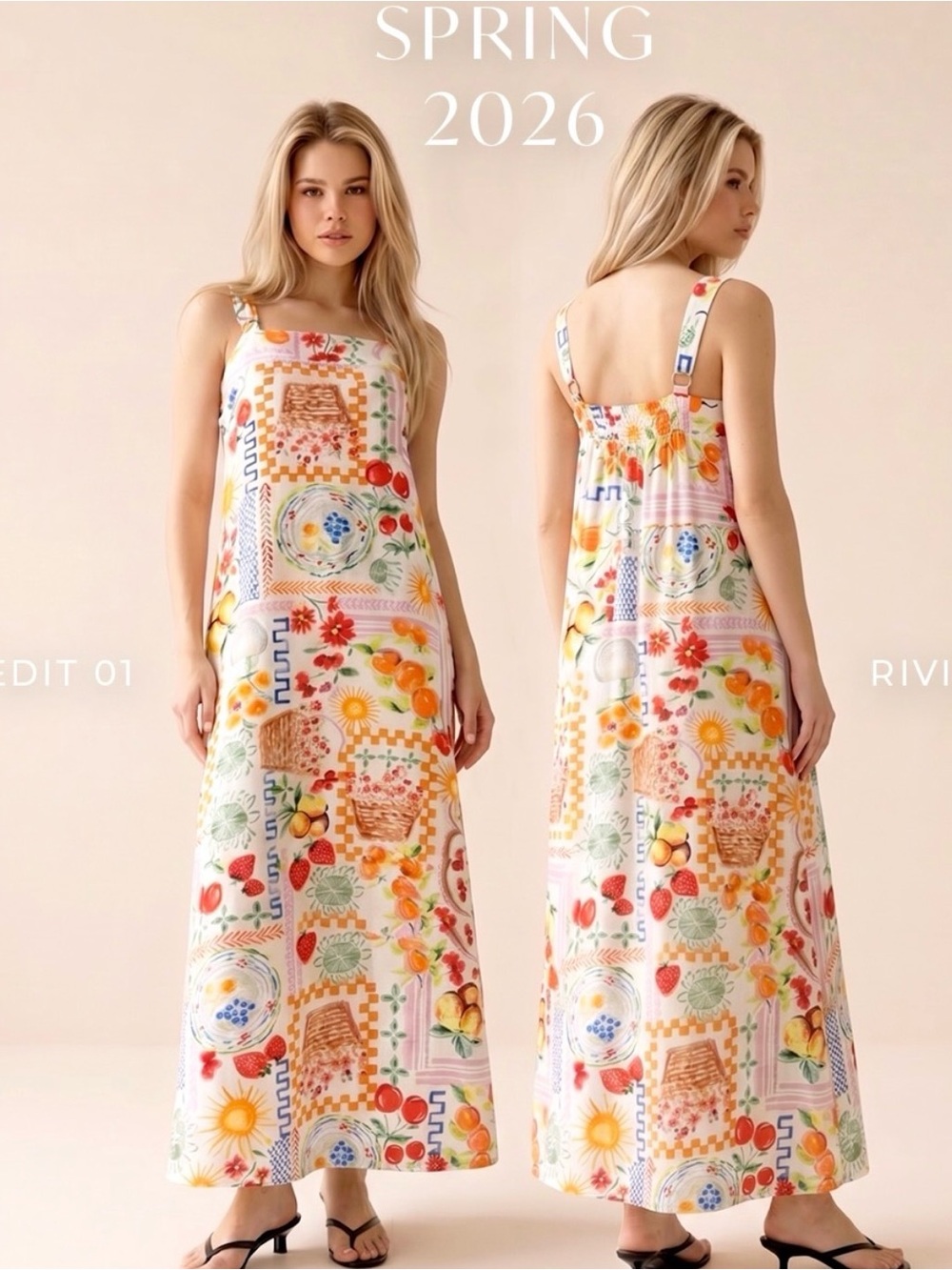 Millibon White Maxi Dress with Colorful Fruit & Floral Print